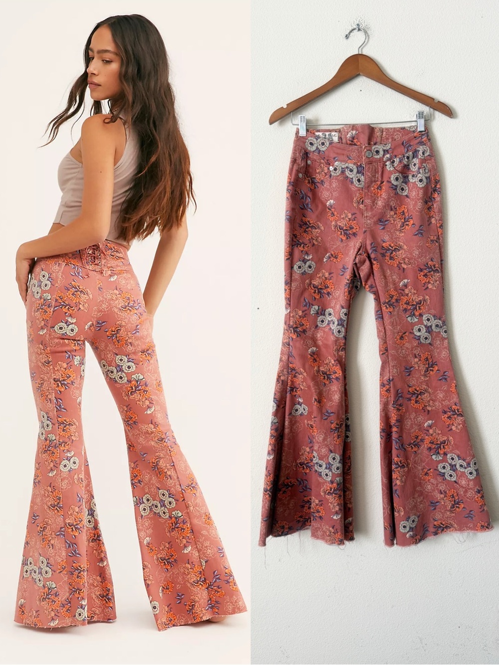 We The Free People SIZE 26 CURVY CRVY Ma Cherie pink orange floral flared jeans